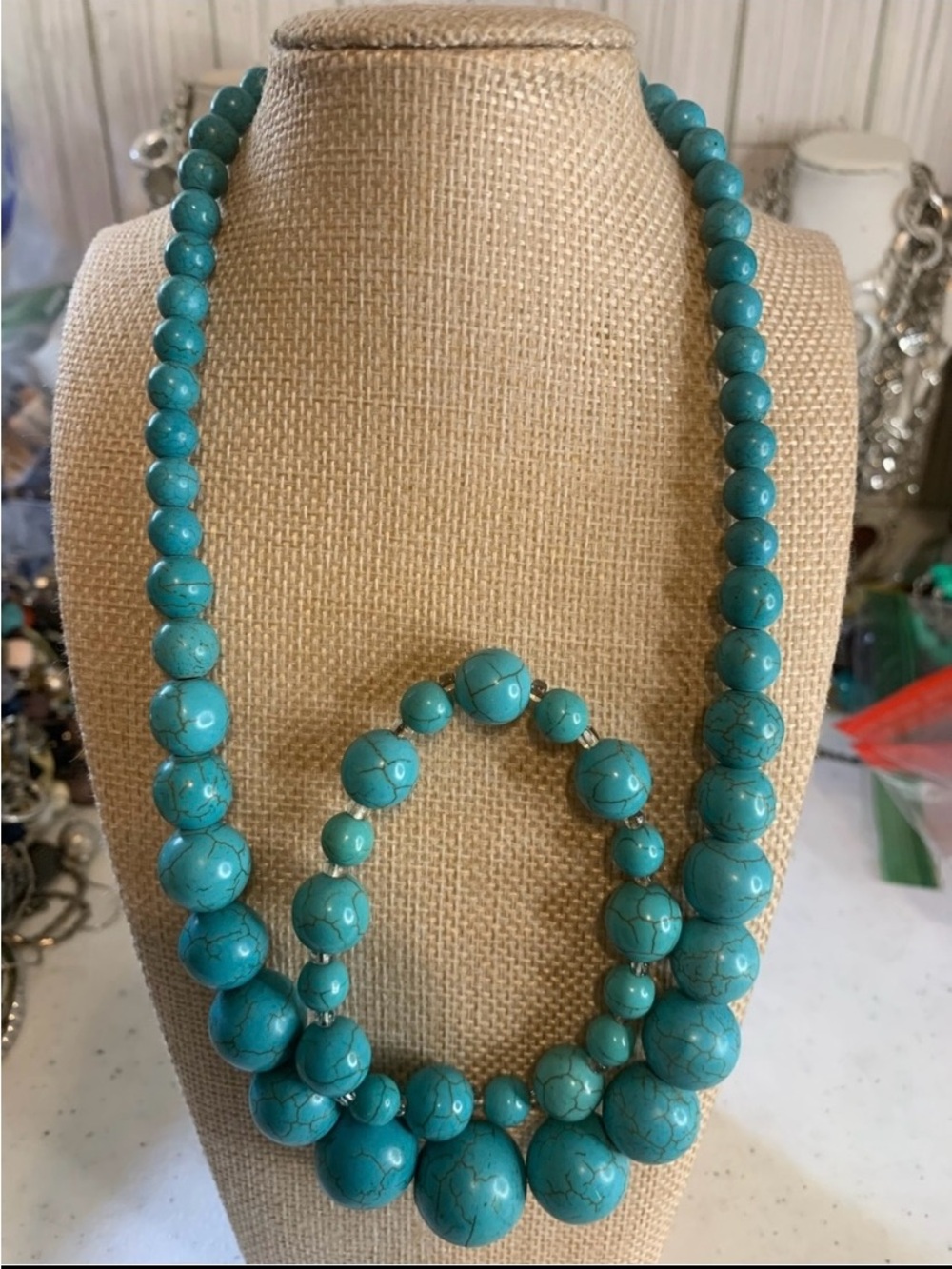 2 Piece Turquoise Beaded Statement Necklace and Bracelet Set